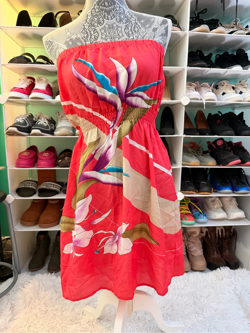Strapless Tropical Sundress - Coral Pink can also be a swim coverup size M